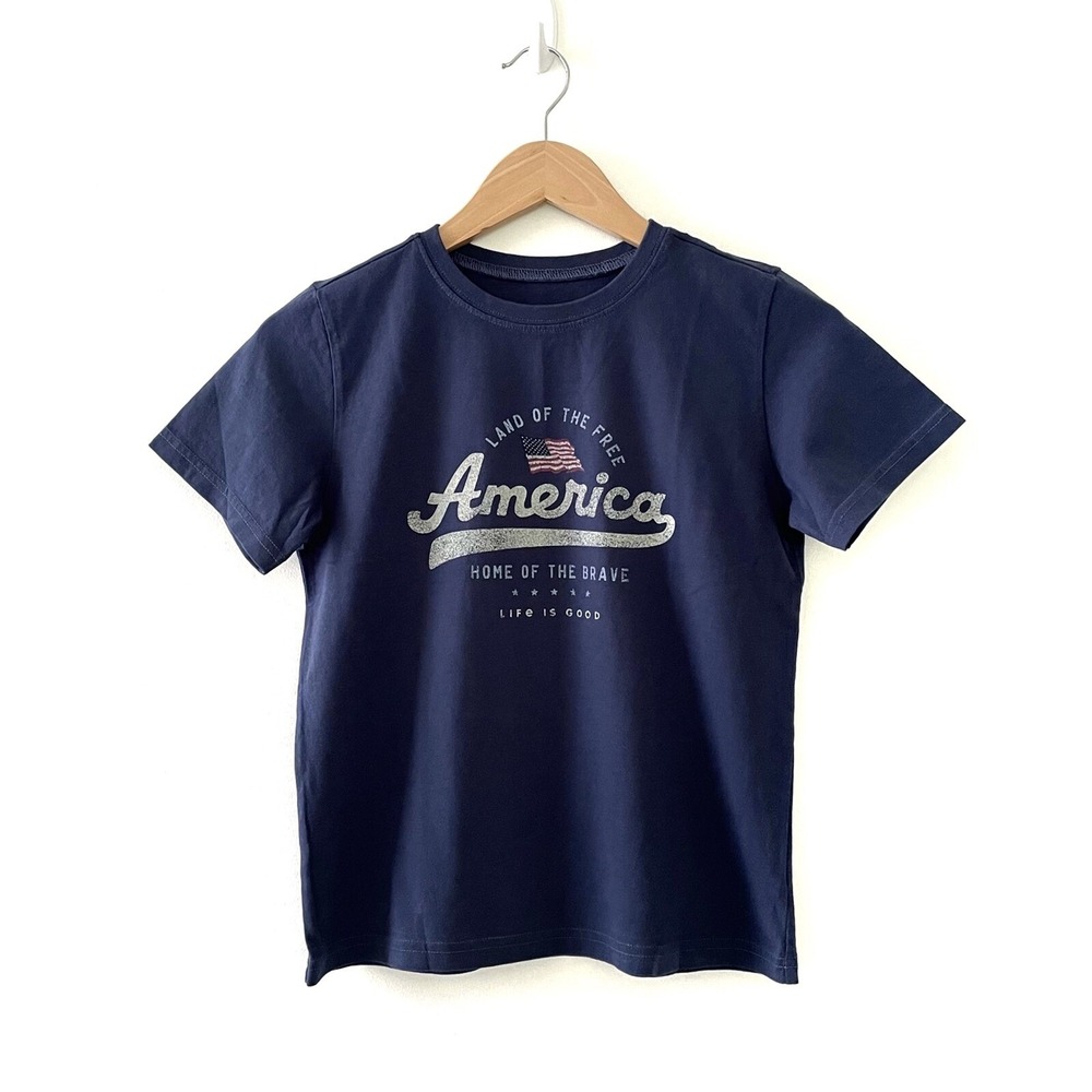 Life is Good Boys Girls Blue Large Land of the Free Crusher Tee 100% Cotton NEW